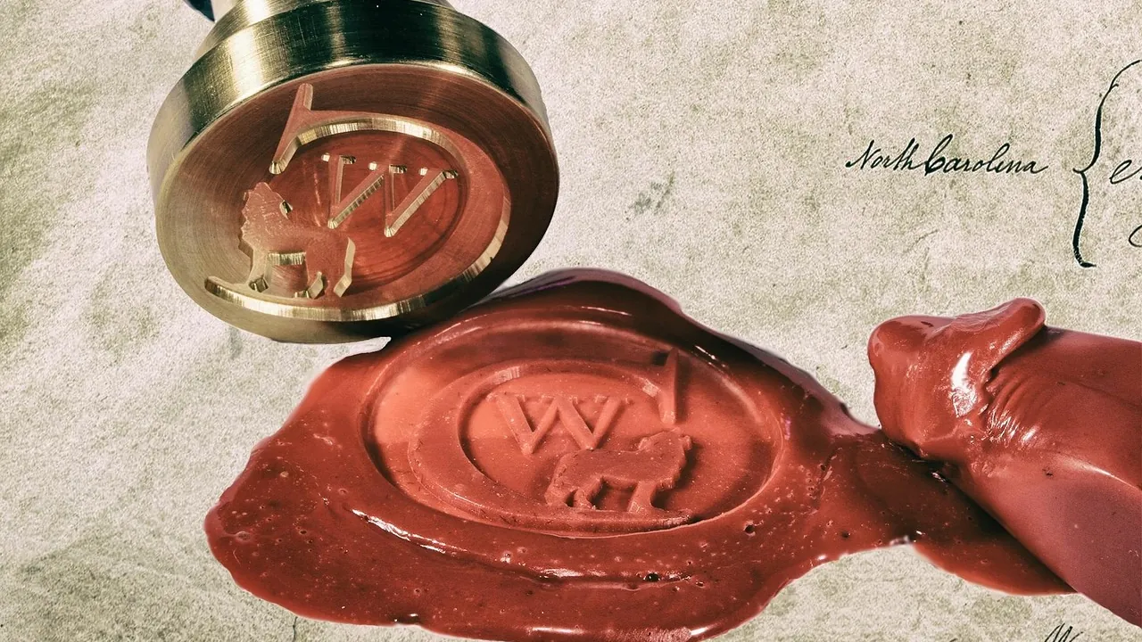 Un cachet de cire rouge et son sceau de laiton sur un document ancien